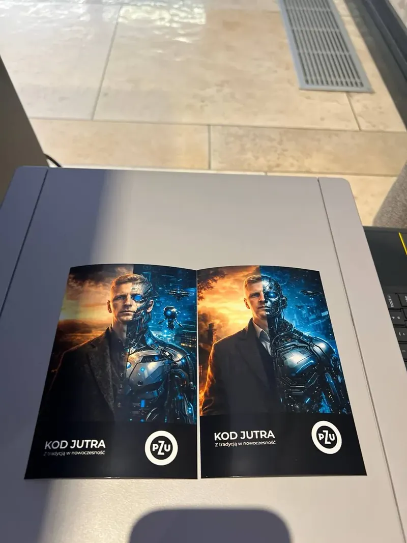 Wydruki AI z kampanii PZU Kod Jutra prezentujące cyborgi w stylu cyberpunk - Fotobudka AI na eventy korporacyjne.