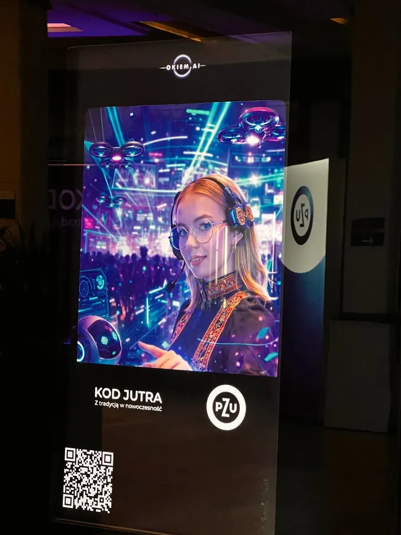 Fotobudka AI okiem.ai z portretem w stylu cyberpunk z dronami na evencie PZU Kod Jutra - wynajem na gale firmowe.